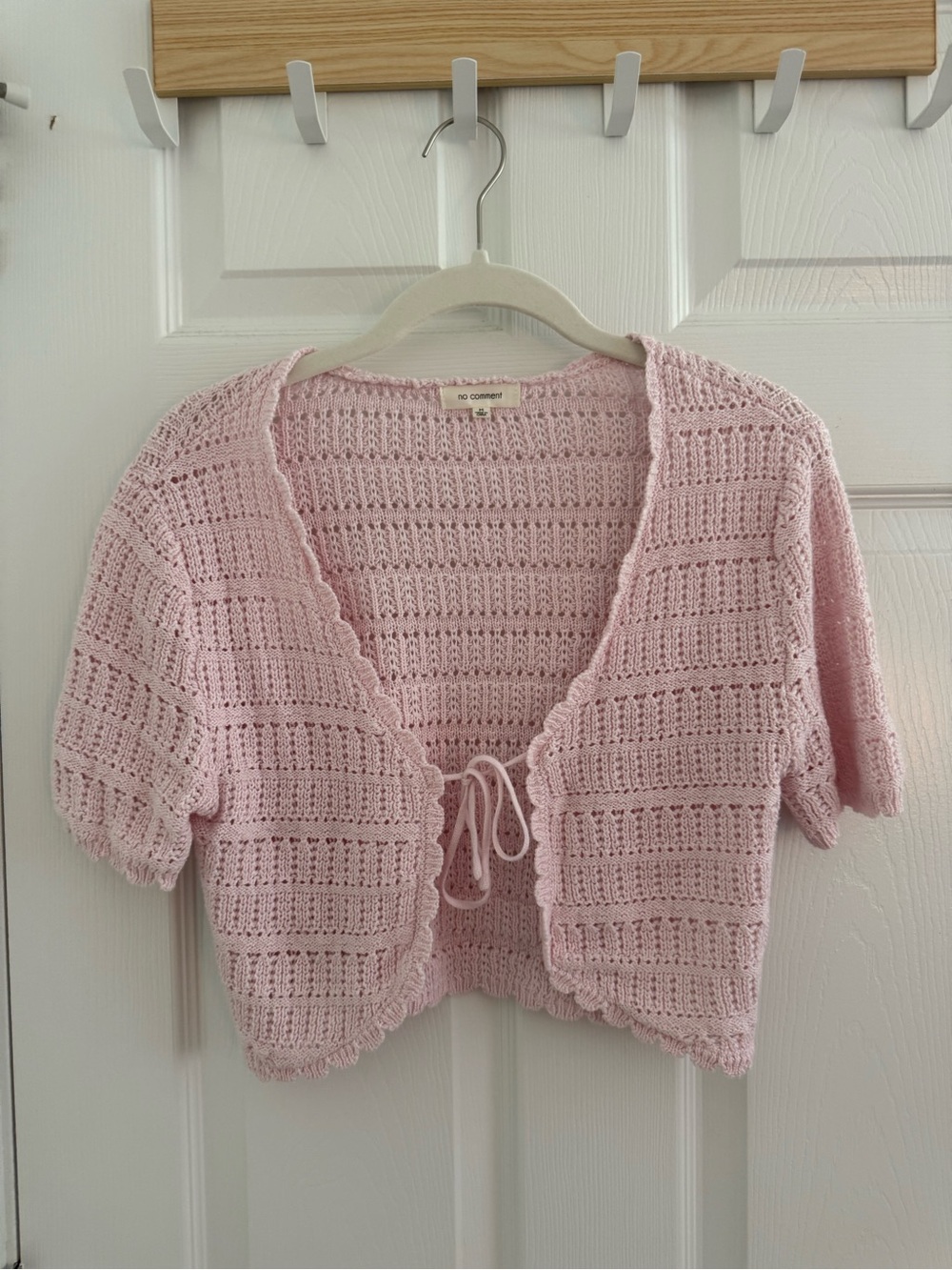 No Comment Light Pink Cropped Crochet Tie-Front Top